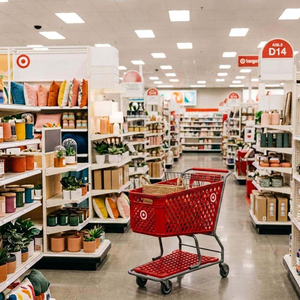Woman holding plant and pillows in Target home decor aisle with shopping cart
